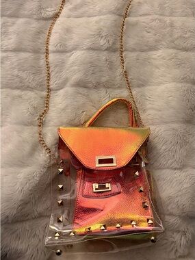 Iridescent Orange Crossbody Bag with Gold Studs